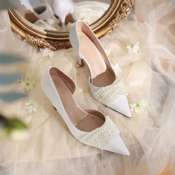 Classy Ivory Pearl Wedding Shoes 2020 8 cm Stiletto Heels Pointed Toe Wedding Heels