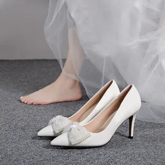 Stilig Elfenben Pärla Rosett Brudskor 2020 8 Cm Stilettklackar Spetsiga Bröllop Pumps