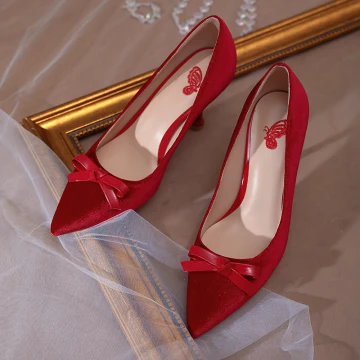 Style Chinois Bordeaux Noeud Chaussure De Mariée 2020 8 Cm Talons Aiguilles À Bout Pointu Mariage Escarpins