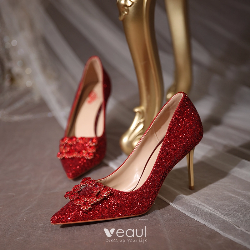 Scintillantes Charmant Bordeaux Chaussure De Mariee 2020 Paillettes Faux Diamant 8 cm Talons Aiguilles A Bout Pointu Mariage Escarpins