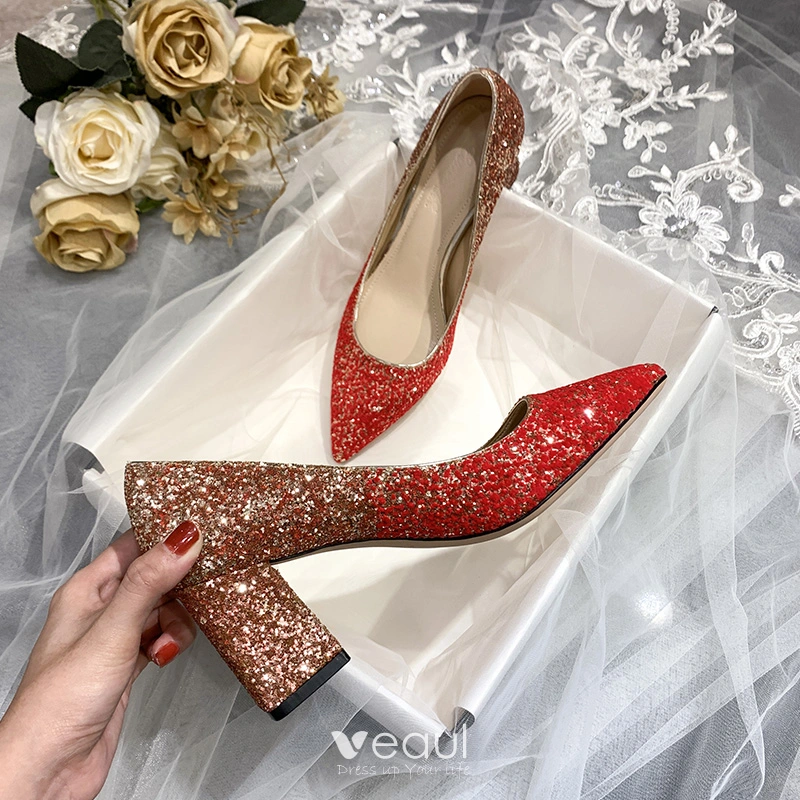 Charming Gradient Color Red Wedding Shoes 2020 Sequins 7 cm Thick Heels Pointed Toe Wedding Pumps