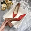 Encantador Degradado De Color Rojo Zapatos de novia 2020 Lentejuelas 7 cm Talones Gruesos Punta Estrecha Boda Tacones