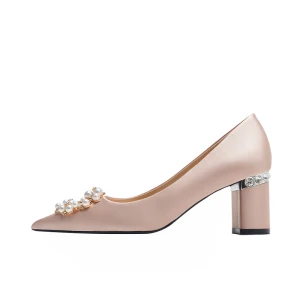 Classy Champagne Pearl Wedding Shoes 2020 Leather Rhinestone 6 Cm Thick Heels Pointed Toe Wedding Pumps