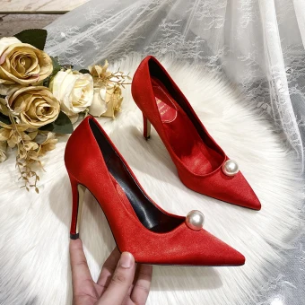 Chic Beautiful Satin Red Pearl Wedding Shoes 2020 Leather 9 Cm Stiletto Heels Pointed Toe Wedding Pumps