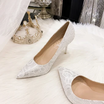 Charmig Elfenben Spets Brudskor 2020 Läder 9 Cm Stilettklackar Spetsiga Bröllop Pumps