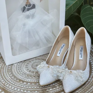 Glamour Ivoire Glitter Paillettes Chaussure De Mariée 2020 Cuir Faux Diamant Perle 9 Cm Talons Aiguilles À Bout Pointu Mariage Escarpins