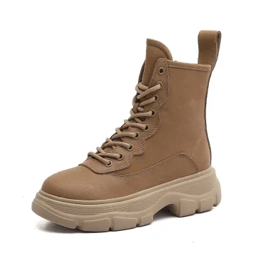 Mode Chic Belle Hiver Tan Vêtement De Rue Cuir Bottes Femme 2020 Bottines À Bout Rond Bottes
