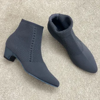 Modest Simple Grey Casual Ankle Knitting Womens Boots 2020 4 Cm Low Heel Thick Heels Pointed Toe Boots