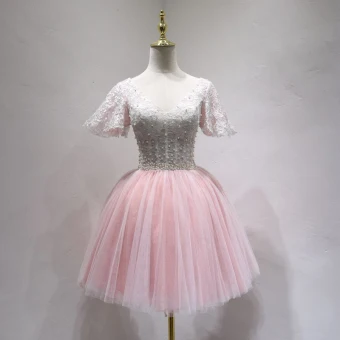 Snygga Fina Rodnande Rosa Festklänningar 2018 Prinsessa Spets Pärla V Hals Halterneck Korta Ärm Korta Formella Klänningar
