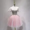 Chic / Beautiful Blushing Pink Party Dresses 2018 A-Line / Princess Lace Pearl V-Neck Backless Short Sleeve Short Formal Dresses