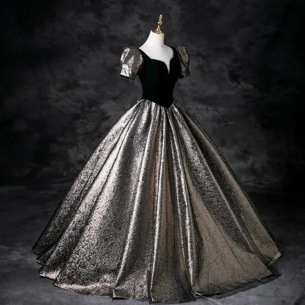 Classy Black Glitter Prom Dresses 2025 Ball Gown Square Neckline Puffy Short Sleeve Backless Floor-Length / Long Prom Formal Dresses