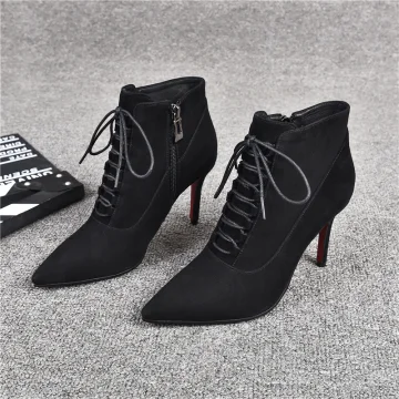 Simple Noire Vêtement De Rue Cuir Bottes Femme 2020 Bottines 9 Cm Talons Aiguilles À Bout Pointu Bottes
