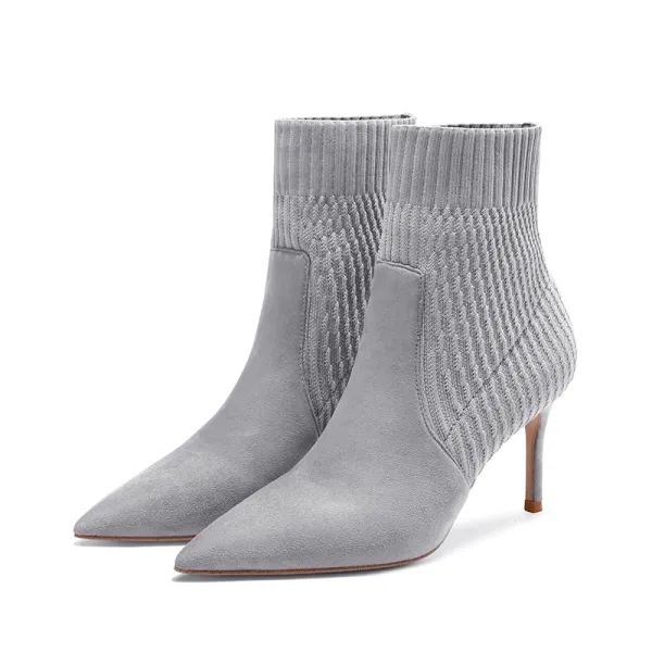 Chic / Beautiful Grey Street Wear Knitting Womens Boots 2020 8 cm Stiletto Heels Pointed Toe Boots