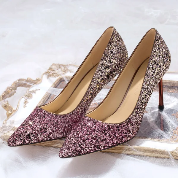 Sparkly Rose Gold Evening Party Sequins Pumps 2020 Leather 8 cm Stiletto Heels Pointed Toe Pumps