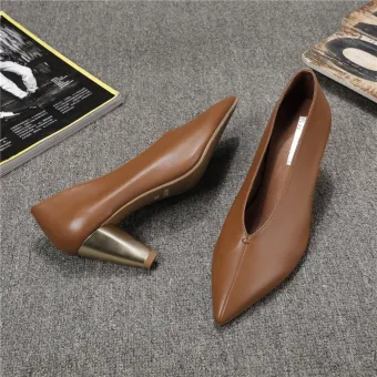 Simple Marron Désinvolte Escarpins 2020 Cuir 7 Cm Talons Épais À Bout Pointu Escarpins