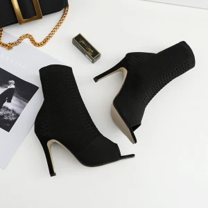 Fine Svart Gateklær Strikking Kvinners Støvler 2020 10 Cm Stiletthæler Peep Toe Boots