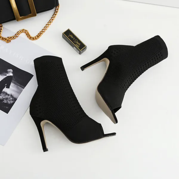 Mooie / Prachtige Zwarte Straatkleding Breien Dames Laarzen 2020 10 cm Naaldhakken / Stiletto Peep Toe Laarzen