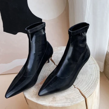 Mode Noire Vêtement De Rue Cuir Bottes Femme 2020 Bottines 5 Cm Talons Aiguilles À Bout Pointu Bottes