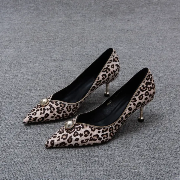 Sexy Evening Party Leopard Print Pumps 2020 Leather 5 cm Stiletto Heels Pointed Toe Pumps