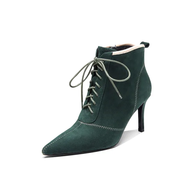 Fine Vinter Mørk Grønn Gateklær Suede Kvinners støvler 2020 Lær 8 cm Stiletthæler Spisse Boots