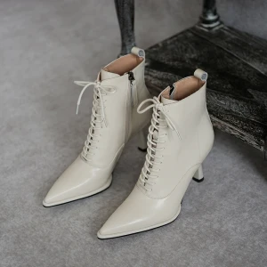 Fashion Winter Beige Street Wear Womens Boots 2020 Leather 7 Cm Stiletto Heels Pointed Toe Boots