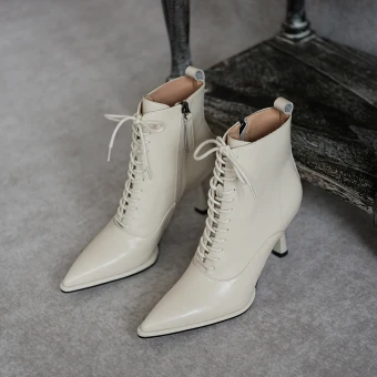 Fashion Winter Beige Street Wear Womens Boots 2020 Leather 7 Cm Stiletto Heels Pointed Toe Boots