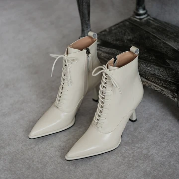 Mode Winter Abrikoos Beige Straatkleding Dames Laarzen 2020 Leer 7 Cm Naaldhakken Stiletto Spitse Neus Laarzen