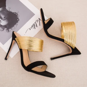 Enkla Sommar Svarta Guld Sandaler Dam 2018 Casual Mocka Läder 10 Cm Stilettklackar Peep Toe Högklackade
