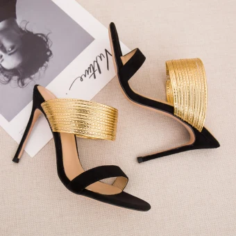 Modest Simple Summer Black Gold Womens Sandals 2018 Casual Suede Leather 10 Cm Stiletto Heels Open Peep Toe High Heels