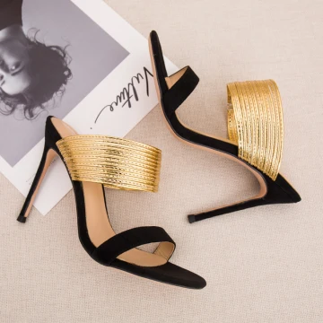 Modest Simple Summer Black Gold Womens Sandals 2018 Casual Suede Leather 10 Cm Stiletto Heels Open Peep Toe High Heels