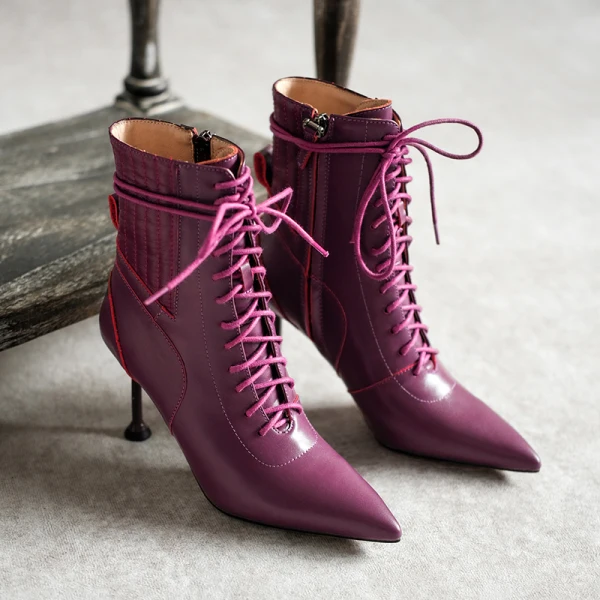 Klassieke Winter Paarse Toevallig Leer Dames Laarzen 2020 8 cm Naaldhakken / Stiletto Spitse Neus Laarzen