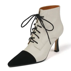 Chic Beautiful Beige Casual Two Tone Womens Boots 2020 Leather 8 Cm Stiletto Heels Pointed Toe Boots