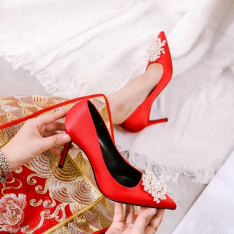 Eleganckie Czerwone Perła Buty Ślubne 2020 Skórzany 9 Cm Szpilki Szpiczaste Ślub Czółenka