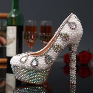 Charming Chic Beautiful Ivory Pearl Crystal Wedding Shoes 2020 Rhinestone Leather Waterproof 14 Cm Stiletto Heels Pointed Toe Wedding Pumps