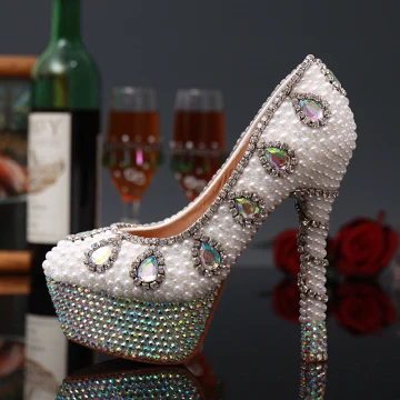 Charming Chic Beautiful Ivory Pearl Crystal Wedding Shoes 2020 Rhinestone Leather Waterproof 14 Cm Stiletto Heels Pointed Toe Wedding Pumps