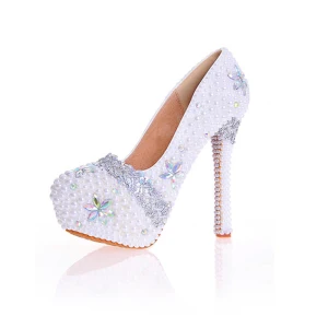 Charming Ivory Pearl Rhinestone Wedding Shoes 2020 Leather Waterproof 14 Cm Stiletto Heels Pointed Toe Wedding Pumps
