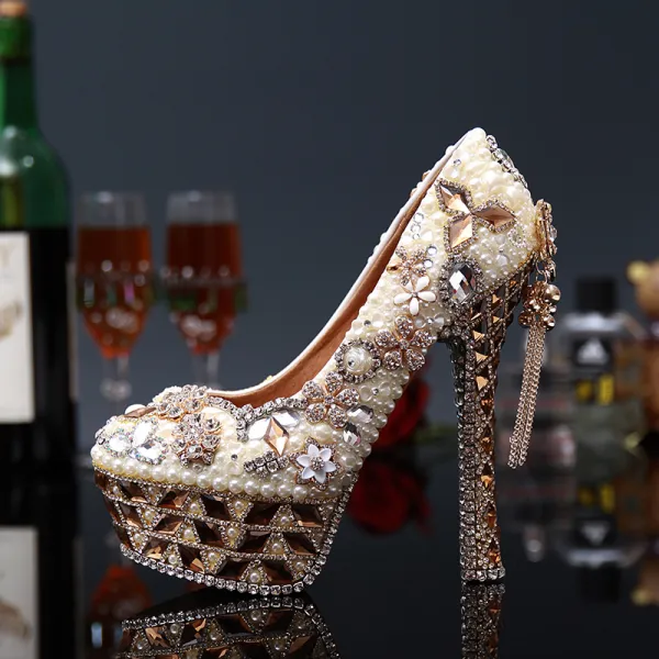 Étourdissant Luxe Perle Faux Diamant Chaussure De Mariée 2020 Cuir Imperméables 14 cm Talons Aiguilles À Bout Rond Mariage Escarpins