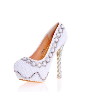 Sexy Elfenben Perle Rhinestone Brudesko 2020 Lær Vanntette 14 Cm Stiletthæler Rund Tå Bryllup Pumps