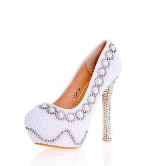 Sexig Elfenben Pärla Rhinestone Brudskor 2020 Läder Vattentäta 14 Cm Stilettklackar Pande Zote Toe Bröllop Pumps