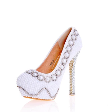 Sexy Ivory Pearl Rhinestone Wedding Shoes 2020 Leather Waterproof 14 Cm Stiletto Heels Round Toe Wedding Pumps