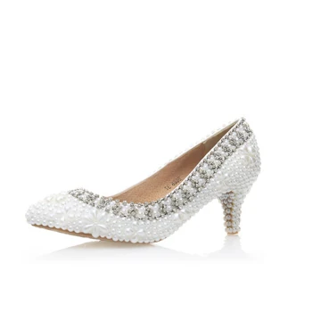 Eleganta Elfenben Pärla Rhinestone Brudskor 2020 Läder 6 Cm Stilettklackar Spetsiga Bröllop Pumps