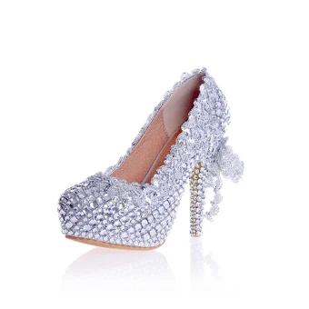 Charming Silver Rhinestone Wedding Shoes 2020 Leather Waterproof 12 Cm Stiletto Heels Pointed Toe Wedding Pumps