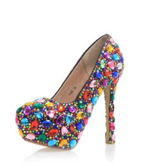 Amazing Unique Multi Colors Crystal Rave Club Pumps 2020 Leather Waterproof 14 Cm Stiletto Heels Pointed Toe Pumps