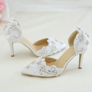 Eleganta Vita Spets Blomma Brudskor 2020 Rhinestone 8 Cm Stilettklackar Spetsiga Bröllop Klackskor