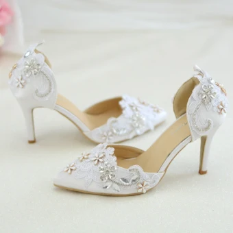 Eleganckie Białe Z Koronki Kwiat Buty Ślubne 2020 Rhinestone 8 Cm Szpilki Szpiczaste Ślub Na Obcasie