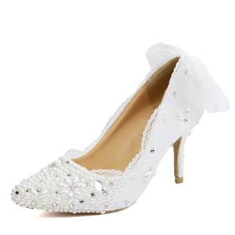 Élégant Ivoire En Dentelle Fleur Chaussure De Mariée 2020 Perle Faux Diamant Noeud 8 Cm Talons Aiguilles À Bout Pointu Mariage Escarpins