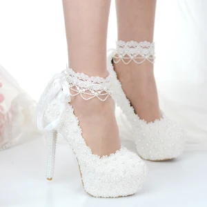 Classique Ivoire En Dentelle Fleur Chaussure De Mariée 2020 Perle 14 Cm Talons Aiguilles À Bout Rond Mariage Escarpins