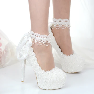 Clásico Marfil Con Encaje Flor Zapatos De Novia 2020 Perla 14 Cm Stilettos Tacones De Aguja Punta Redonda Boda Tacones