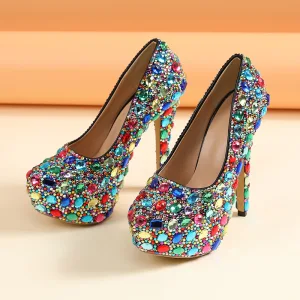 Unique Coloré Multi Couleurs Faux Diamant Club De Carnaval Escarpins 2020 14 Cm Talons Aiguilles À Bout Rond Escarpins