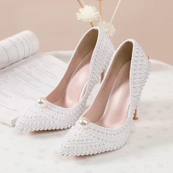 Charmant Ivoire Fait Main Perle Chaussure De Mariée 2020 11 Cm Talons Aiguilles À Bout Pointu Mariage Escarpins